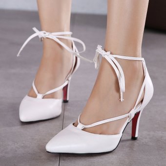 Womens Pointed Stiletto PU Korean Ankle Strap Heels with Checkered White  