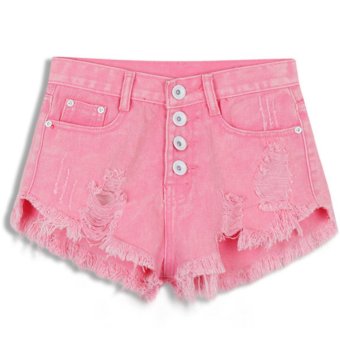 Women's Punk Rock Vintage Grunge Hole Water Wash Retro Jeans Shorts (Pink) - intl  