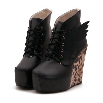 Women's Round Toe Wedge Ankle Boots European Platform Shoes with Leopard Black  