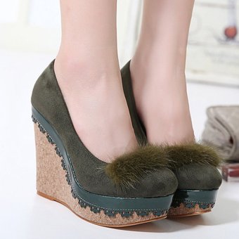 Women's Round Toe Wedge High Heels Korean Shoes Green - intl  