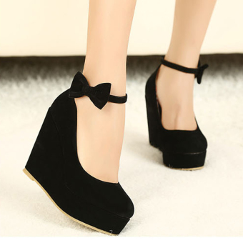 Womens Round Toe Wedge Suede Cute Wedges with Bow Black  