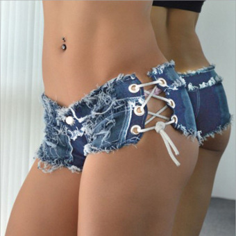 Womens Sexy jeans denim shorts 2016 Summer Fashion pure cotton lace-up super shorts Ladies Skinny short jeans young women L(Blue) - intl  