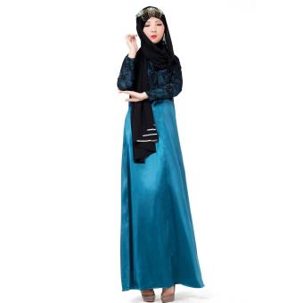 Womens silk fabrics Lace Muslim Kaftan Islamic Long Sleeve Maxi Dress Arab Jilbab Abaya Cloth (Blue) - intl  
