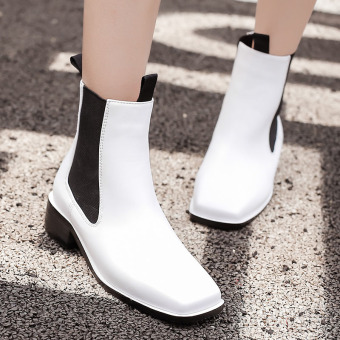 Women's Square Toe Flat Ankle Boots White  