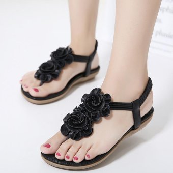 Women's Toe clip Flat Sandals Sweet Casual Shoes with Flowers Black - intl  