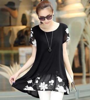 Womens Tops Fashion Loose Casual Lace Embroidery Chiffon Blouse Plus Size Black  