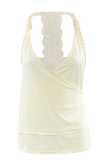 Womens V-neck Backless Hanging Neck Women Vest Lace Stitching T-shirt Tops (Apricot) - intl  