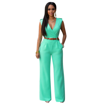 Womens V neck Bandage Bodycon Jumpsuit Romper Light Blue - Intl  