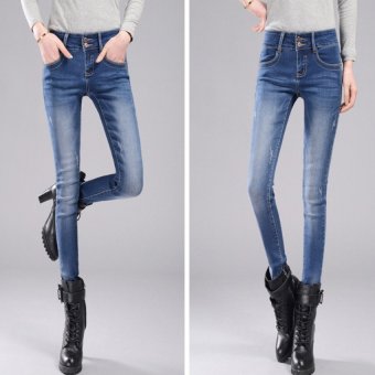 Women's Waist Jeans Trousers In Han Edition Double-breasted Feet Pants (in Blue)  