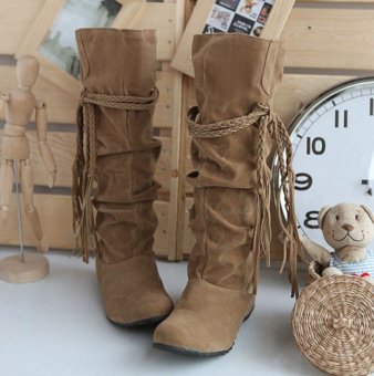Womens Winter Warm Suede Tassel Mid-calf Snow Boots Long Boots Wedge Heels Shoes  