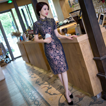 wuxiang panjang langsing seksi retro gaun maxi Cina cheongsam (100-gelap)  