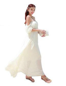 Yacun Women's Bohemian Beige Off Shoulder Chiffon Maxi Casual Dress XG5224(Beige) - Intl  