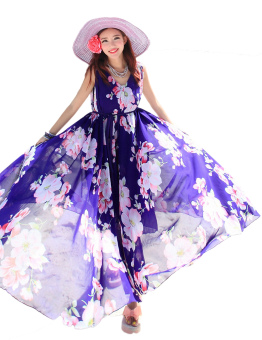 Yacun Women's Bohemian Sleeveless Printed Chiffon Maxi Casual Dress XG5221(Purple)  