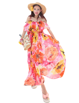 Yacun Women's Bohemian Slip Shoulder Printed Chiffon Maxi Casual Dress XG5219(Orange)  