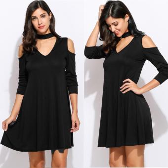 Yidabo Women Long Sleeve Halter Neck Cut Out Cold Shoulder Loose Flared Tunic Dress (Black) - intl  