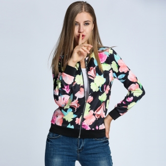 Yika Women Floral Slim Zip Up Short Bomber Jacket (Multicolor) - intl  