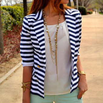 Yika Women Stripe Slim Blazer (Blue+White) - intl  