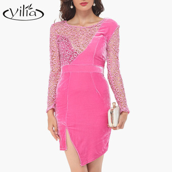 yilia 2016 Women Autumn Sexy Velvet Dress Hollow Out Lace Slit Long Sleeve Pink Mini Asymmetric Party Bodycon Dresses - intl  