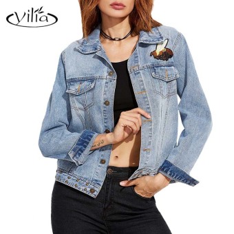 yilia 2017 New Autumn Women Demin Jacket Basic Coats Flower Bird Embroidery Single Breasted Baseball Jackets Outwear - intl  