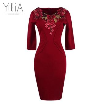 Yilia Tropical Print Dress Elegant Women Plus Size Dress Embroidery Floral Rose Casual Party Sheath Office Bodycon Red Dress-D135 - intl  