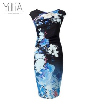 Yilia Tropical Print Dress Elegant Women Plus Size Dress Summer Sleeveless Floral Rose Casual V-Neck Party Sheath Office Bodycon Dress-D137 - intl  