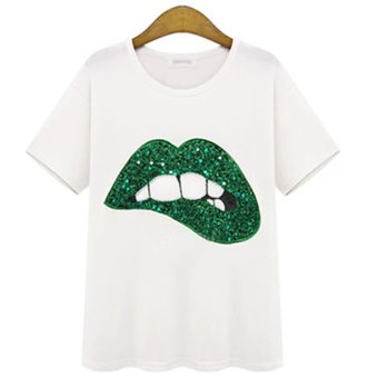 Yimi Mouth Printed Cotton Sequins Casual Fashion Women Tees T-shirt Green (Intl)  