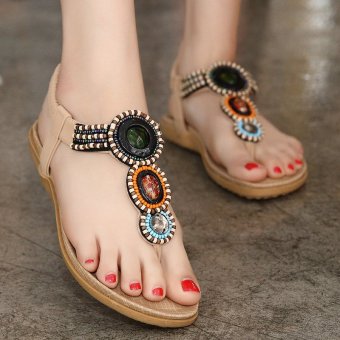 YOCHO New Fashion Lady Classic Causal Beach Flat Sandals With High Quality Leather And Crystal Flip Flops(Black) - Intl  