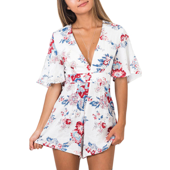 YOINS New 2016 Women Fashion Floral Print V Neck Playsuit With Self-tie Waist Casual Bat Sleeves Rompers Shorts Overalls  