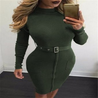 YOINS New Armygreen Zipper Front Two Pockets Bodycon Dress with Belt - intl  
