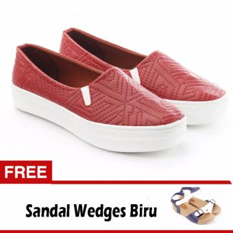 Yutaka Sepatu slip on merah gratis sandal wedges biru-putih  