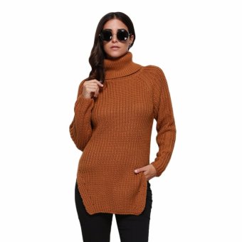 Zaful Women Chic Turtleneck Long Sleeve Sweater Pure Color Button Decoration Slit Design - intl  