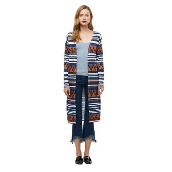 ZAFUL Women Long Sleeve Cardigan Collarless Ethnic Stripe Print(Purplish Blue) - intl  