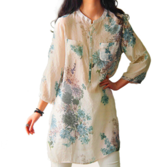 ZANZEA 2016 Blusas Femininas fashion wanita leher V tombol linen shirt Ukuran lebih panjang blus kasual vintage floral Printed Top Biru  