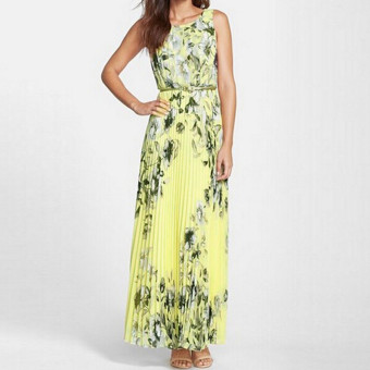Zanzea 2016 Fashion New Summer Plus Size Women Dress O Neck Floral Print Chiffon Maxi Long Dres s Elegant Beach Party Vestidos With Belt Yellow  