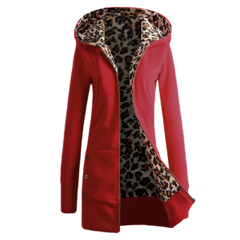 Zanzea 2016 New Euroepan gaya busana wanita lengan baju hangat musim dingin ritsleting berkerudung panjang mantel bulu macan tutul betina jaket pakaian Merah  