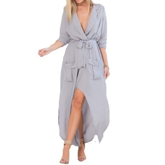 ZANZEA 2016 Summer Style Women Sexy Ladies Chiffon Beach Dress Casual Vintage Loose Long Maxi Split V Neck Dresses Vestidos Grey - Intl  
