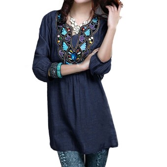 Zanzea 2016 Women V-neck Embroidery Diamonds Blouse Summer Ladies 3/4 Sleeve Casual Vintage Loose Long Shirt Tops Plus Size Blue  