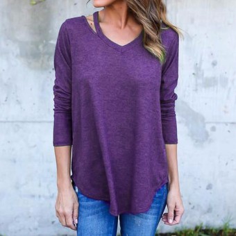 ZANZEA Autumn Blusas Femininas Women Blouses Tops Sexy V-Neck Long Sleeve Casual Loose Asymmetrical Solid Shirts Plus Size S-5XL (Purple) - intl  