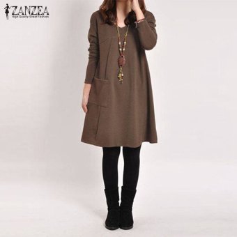 ZANZEA Autumn Women Mini Dress Casual Loose Solid Pockets Female Long Sleeve V-Neck Vestidos Femininas Plus Size Dresses 5 Colors (Coffee) - intl  