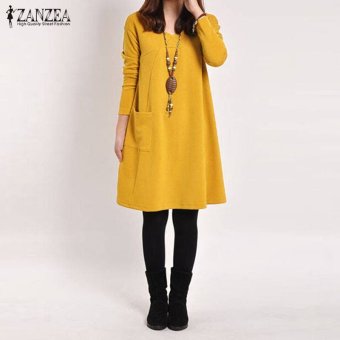 ZANZEA Autumn Women Mini Dress Casual Loose Solid Pockets Female Long Sleeve V-Neck Vestidos Femininas Plus Size Dresses 5 Colors (Yellow) - intl  