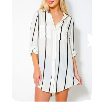 ZANZEA Blusas 2016 Spring Women Blouse New Fashion Lapel Striped Long Sleeve Pockets Casual Long Shirts Dress Loose Tops White - intl  
