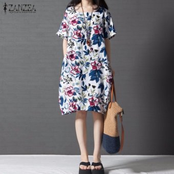 ZANZEA Boho Style Printed Floral Dress Summer Womens Short Sleeve Dresses Casual Vintage Vestido Plus Size S-5XL - intl  