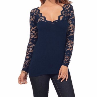 ZANZEA Fashion Hot Design 2016 Women Sexy Long Sleeve Lace Crochet V Neck Stretchy Blouses Tops Casual Solid Plus Size Shirts Oversized Blusas Navy - Intl  