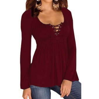 ZANZEA Hot Sale Blusas Autumn Women Blouses Shirts Sexy V-Neck Lace Up Long Sleeve Patchwork Lace Casual Tops Plus Size Wine Red - intl  
