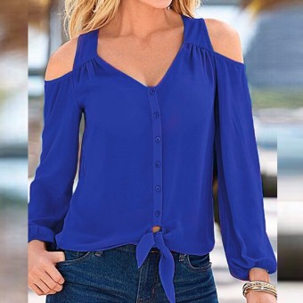 ZANZEA Hot Sale Women Blouses Autumn Tops Sexy Off Shoulder V Neck Long Sleeve Shirts Casual Loose Blusas Plus Size Blue - intl  