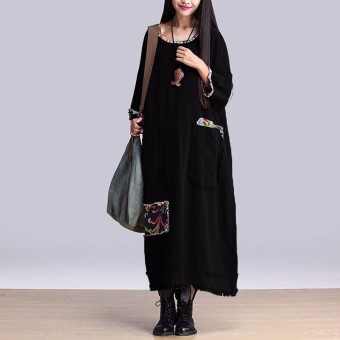 ZANZEA Hot Sale Women Dress Vintage Floral Patchwork O Neck 3/4 Sleeve Cotton Vestidos Casual Maxi Long Dresses Plus Size(Black) - intl  