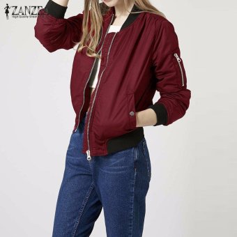 ZANZEA Long Sleeve Slim Jackets Women Autumn Winter Vintage Stand Collar Celeb Bomber Coats Casual Solid Outwear Plus Size?Wine Red? - intl  