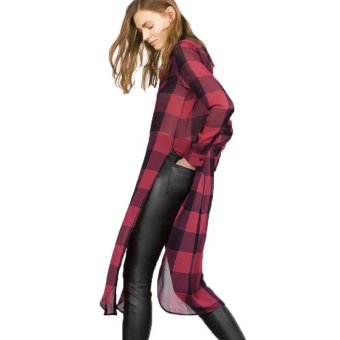 ZANZEA Sexy Ladies Lapel Button See Through Split Red Plaid Long Blouse Tops Shirt  