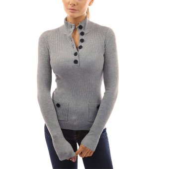 ZANZEA Sexy Women's V Neck Button Ribbed Long Sleeve Knitting Tight Stretch Sweater Fit Gray  
