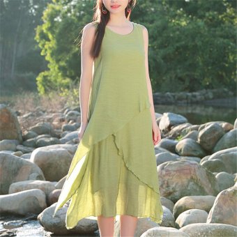 ZANZEA Summer Women Sleeveless Crew Neck Linen Loose Casual Layers Mid-calf Holiday Trip Multi-color Dress Plus Swing Asymmetrical Hem Sundress Green - intl  